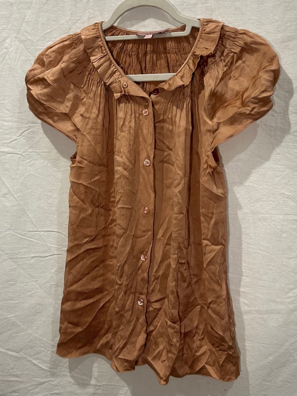 calypso 100% silk copper ruffle trim short sleeve top XS